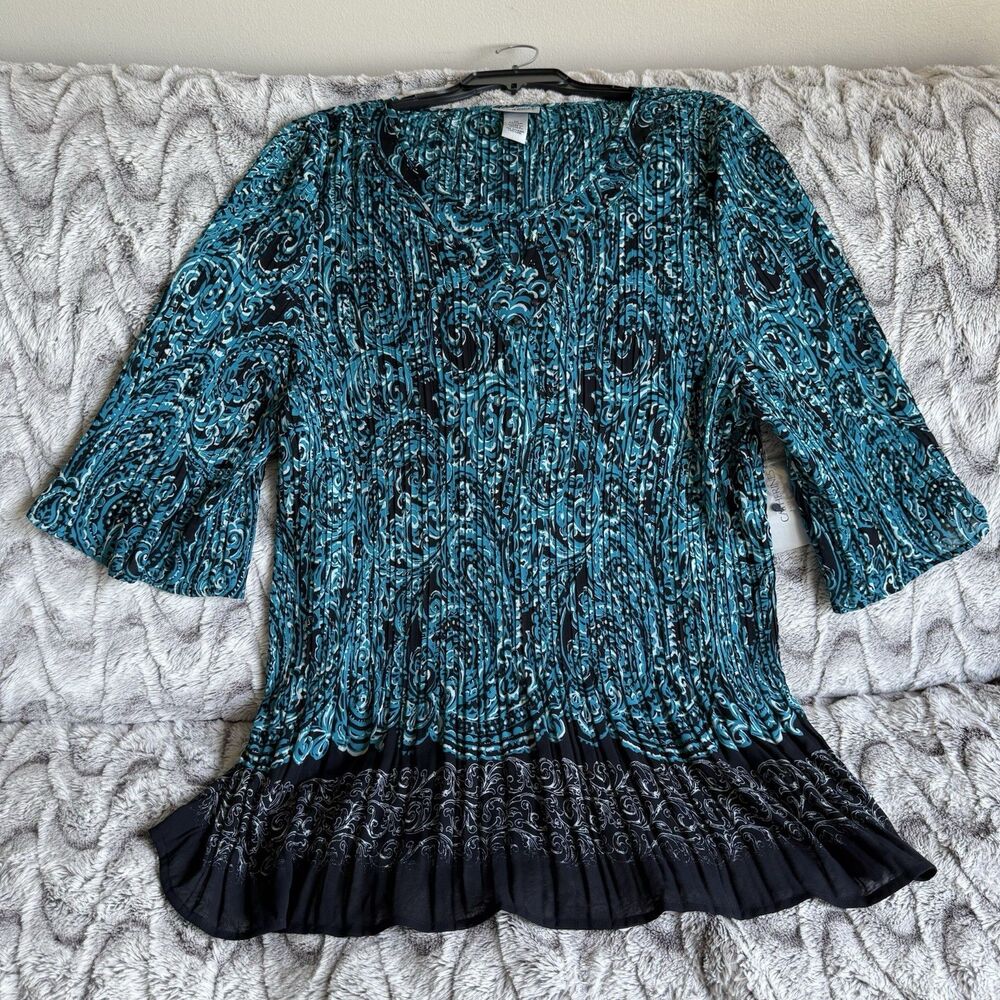 Catherines Teal Blue Black Paisley Floral Pleated Sequin Tunic Top 2X 22-24